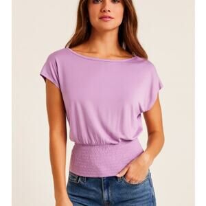 Anthropologie SZ XS Cap Sleeve Boat Neck Top Smocked Waist Top Lilac OB1299855